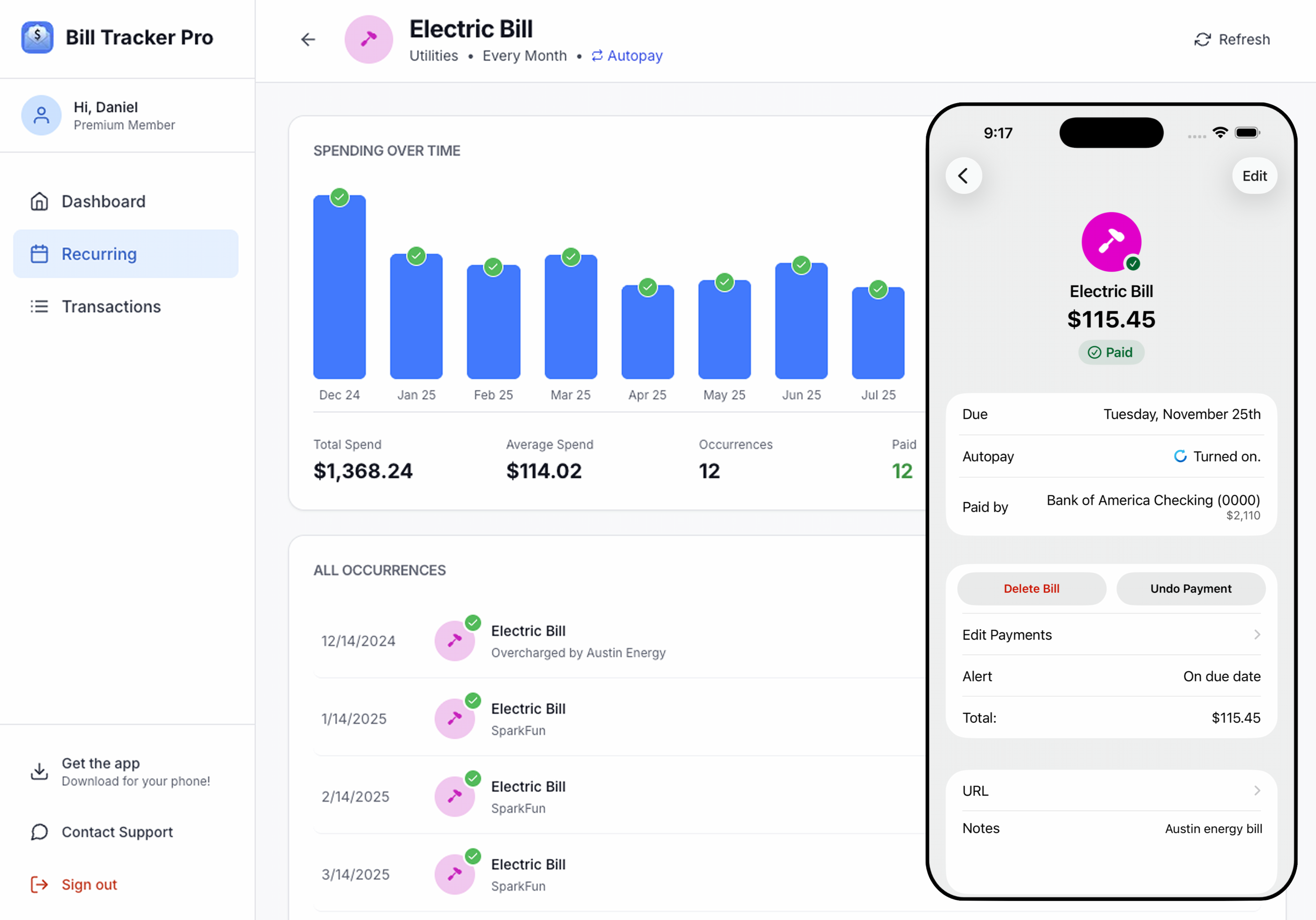 Recurring bill tracking